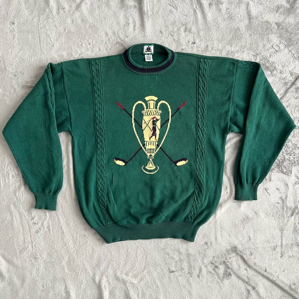 Vintage IZOD Sweater Mens M Green Golf Cup Design Knit Crewneck 90s